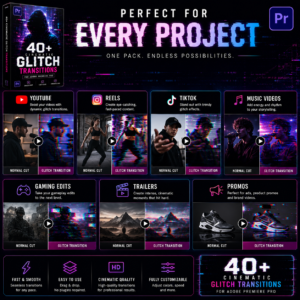 40+ Cinematic Glitch Transitions Pack for Adobe Premiere Pro